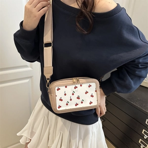 Sweet square crossbody bag with cherry print interior and wide shoulder strap