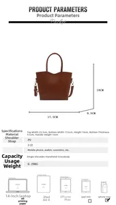 Detailed size chart for brown PU leather bucket bag with dimensions and capacity guide