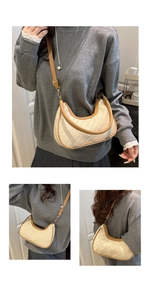 Detail shots of a beige woven half-moon crossbody bag with brown leather trim and strap