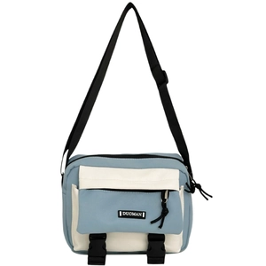 Japanese style canvas crossbody bag with blue and beige patchwork and adjustable strap