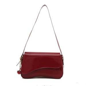 Glossy burgundy patent leather underarm bag with unique cherry charm and asymmetric flap