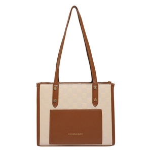 Minimalist beige checkered tote bag with brown leather contrast and front pocket design