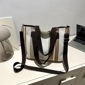Women Large Vertical Stripe Cotton Linen Tote Bag Fashion Commuter Shoulder Bag With Adjustable Strap Retro Casual Handbag