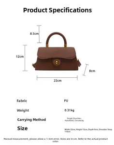 Detaillierte Maße der braunen PU-Lederhandtasche mit Vintage-Metalldrehverschluss
