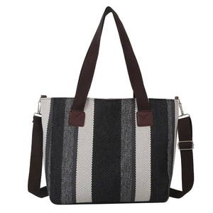 Striped canvas tote bag for women with large capacity and adjustable brown shoulder strap