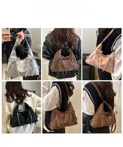 Detail view of stylish bow tote bag worn as a backpack in silver, brown, and pink