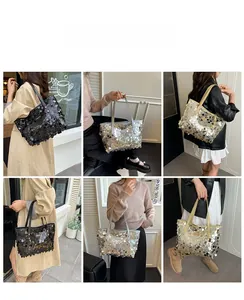 Close-up of sparkling sequin tote bags in black, gold and silver with long shoulder straps