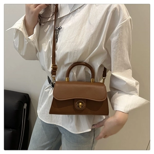 Details der Vintage-Handtasche aus Leder mit rundem Metallverschluss und Schultergurt