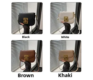 Detail view of stylish crossbody bags in black, white, brown and khaki colors