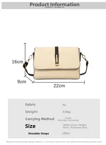 Detailed size specifications for the contrast color shoulder bag with 22x16x9cm dimensions