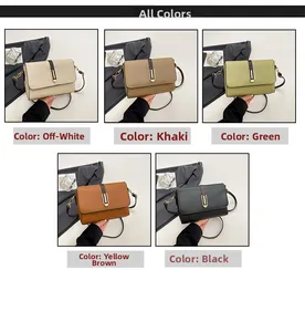 Collage of leather rectangular flap bags in cream, khaki, green, tan, and black