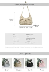 Size chart showing large quilted tote bag dimensions 35.5x30x10cm with strap details