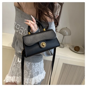 Detail einer minimalistischen schwarzen Handtasche mit goldenem Drehverschluss und Leder