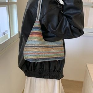 Colorful striped woven bucket bag with large capacity for beach and summer vacations