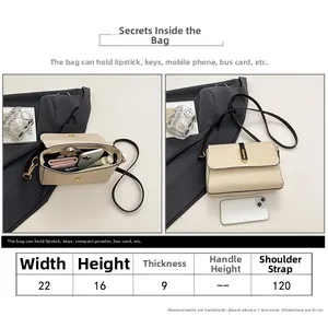 Detailed size chart and interior capacity view of the beige pebbled crossbody square bag