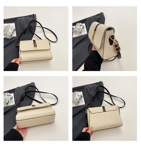 Multi-angle views of cream crossbody bag with litchi texture and gold buckle detail