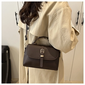 Macro detail of dark brown lychee leather texture and golden metal buckle on handbag