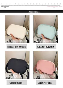 Detail view of Oxford fabric crossbody bags in cream, green, black, and pink colors