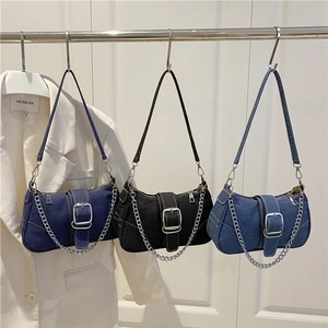 Retro denim half moon shoulder bag with stylish metal chain and buckle in three colors