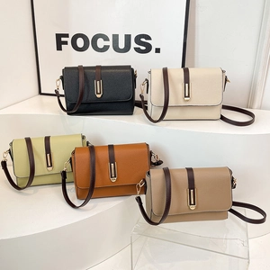 Women Simple Contrast Color PU Leather Shoulder Bag Litchi Texture Small Square Bag Gold Metal Buckle Daily Crossbody Bag