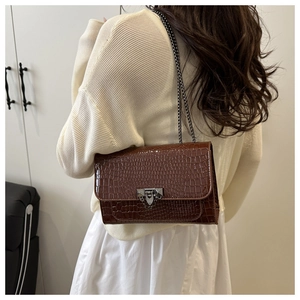 Detail of dark brown crocodile pattern bag with vintage metal buckle and chain strap