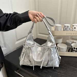 Women Stylish Bowknot Shoulder Bag PU Leather Large Capacity Tote Bag With Double Zippers Korean Fashion Casual Handbag
