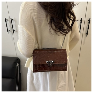 Detailed back view of a dark brown crocodile pattern crossbody bag with silver chain strap