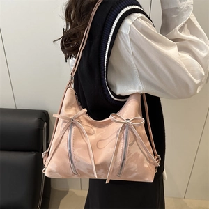 Pink bow-knot tote bag with cloud texture and dual silver zippers for women