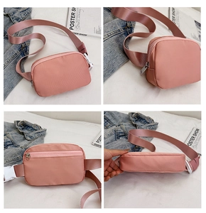 Detailed views of a pink nylon crossbody bag with adjustable straps and zipper pockets