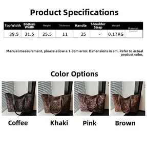 Detailed size chart and dimensions of the leopard print tote bag in various colors