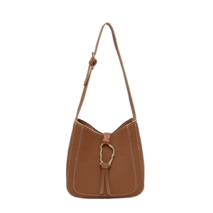 Caramel brown PU bucket bag with golden buckle hardware and contrast stitching