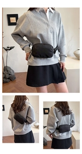 Three-way view of adjustable black nylon belt bag worn as crossbody and waist pack