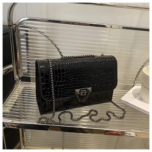 Detail of glossy crocodile pattern texture and metallic chain buckle on the black bag