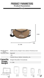 Spécifications de taille pour sac banane kaki montrant les dimensions et la capacité