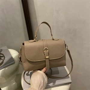 Retro khaki lychee pattern leather handbag with belt buckle detail and top handle