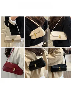 Collage of model wearing crocodile pattern baguette bags in white, red and black