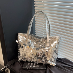 Sparkling silver sequin tote bag with chain straps for women, modern shoulder bag design