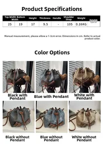 Detailed dimension chart showing size specs for the stylish drawstring bucket crossbody bag