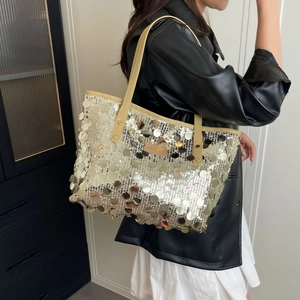 Sparkly champagne sequin tote bag with leather straps for women, spacious fashion shoulder bag