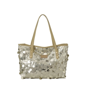 Champagne sequin tote bag with chain strap and Creative Cat patch on a white background