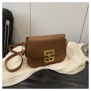 Detailed macro view of the matte gold rectangular clasp on a brown leather crossbody bag