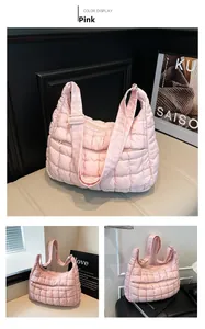 Detailed views of a pink quilted puffer tote bag with adjustable straps and zipper