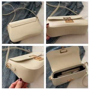 Detailed views of beige crossbody bag with gold hardware and internal storage space