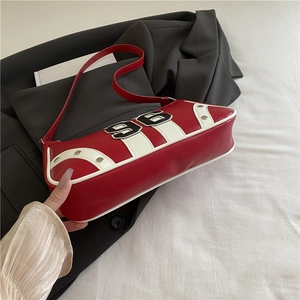 Retro red and white PU leather underarm bag with number 96 patch and silver studs