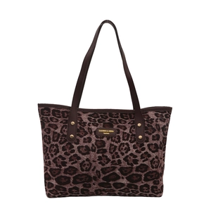 Retro leopard print tote bag with brown handles and central leather brand tag