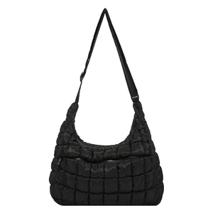 Black quilted puffer tote bag with adjustable strap for daily casual commuting