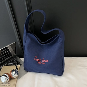 Grand sac cabas en toile bleu marine avec broderie rouge pour le travail et loisirs