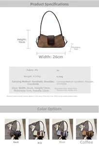 Detailed dimension chart showing size and color options for the stylish PU leather baguette bag