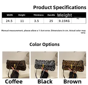 Detailed size chart and leopard print baguette bag dimensions showing 24.5cm width