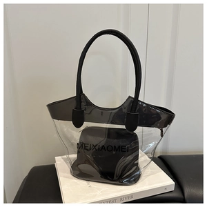 Detail of transparent PVC tote bag with black inner pouch and leather top handles